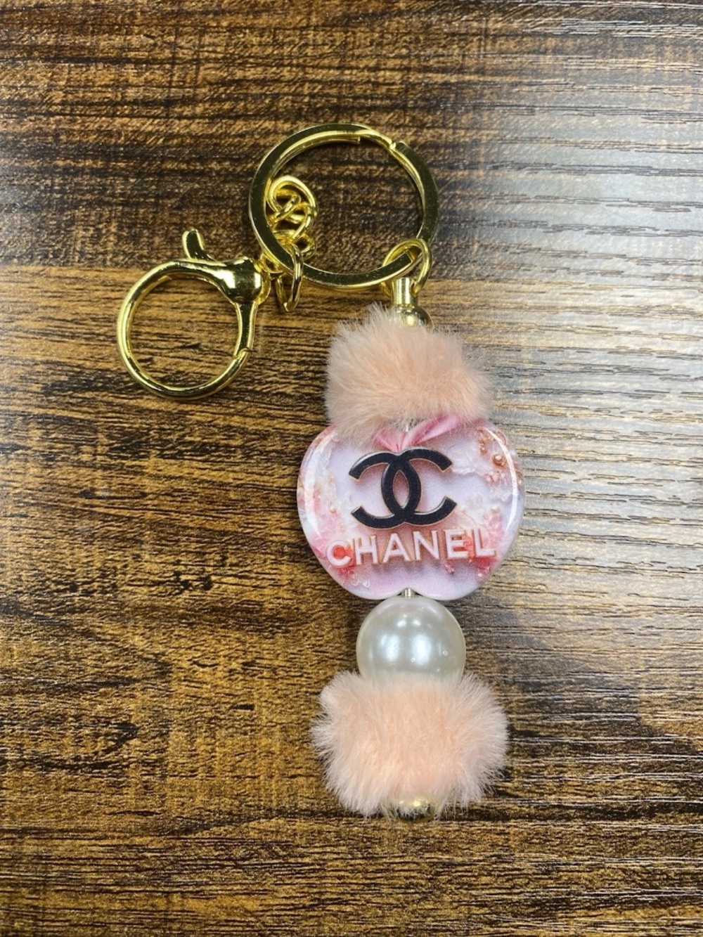 Pink Pom Keychain with Pearl Accent